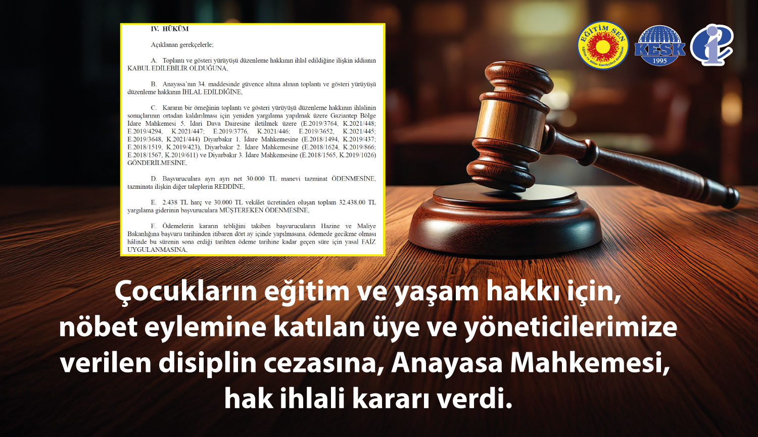 Çocukların Eğitim ve Yaşam Hakkı İçin Nöbet Eylemine Katılan Üye ve Yöneticilerimize Verilen Disiplin Cezasına, AYM Hak İhlali Kararı Verdi
