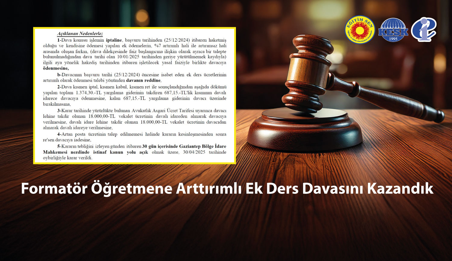 Formatör Öğretmene Arttırımlı Ek Ders Davasını Kazandık