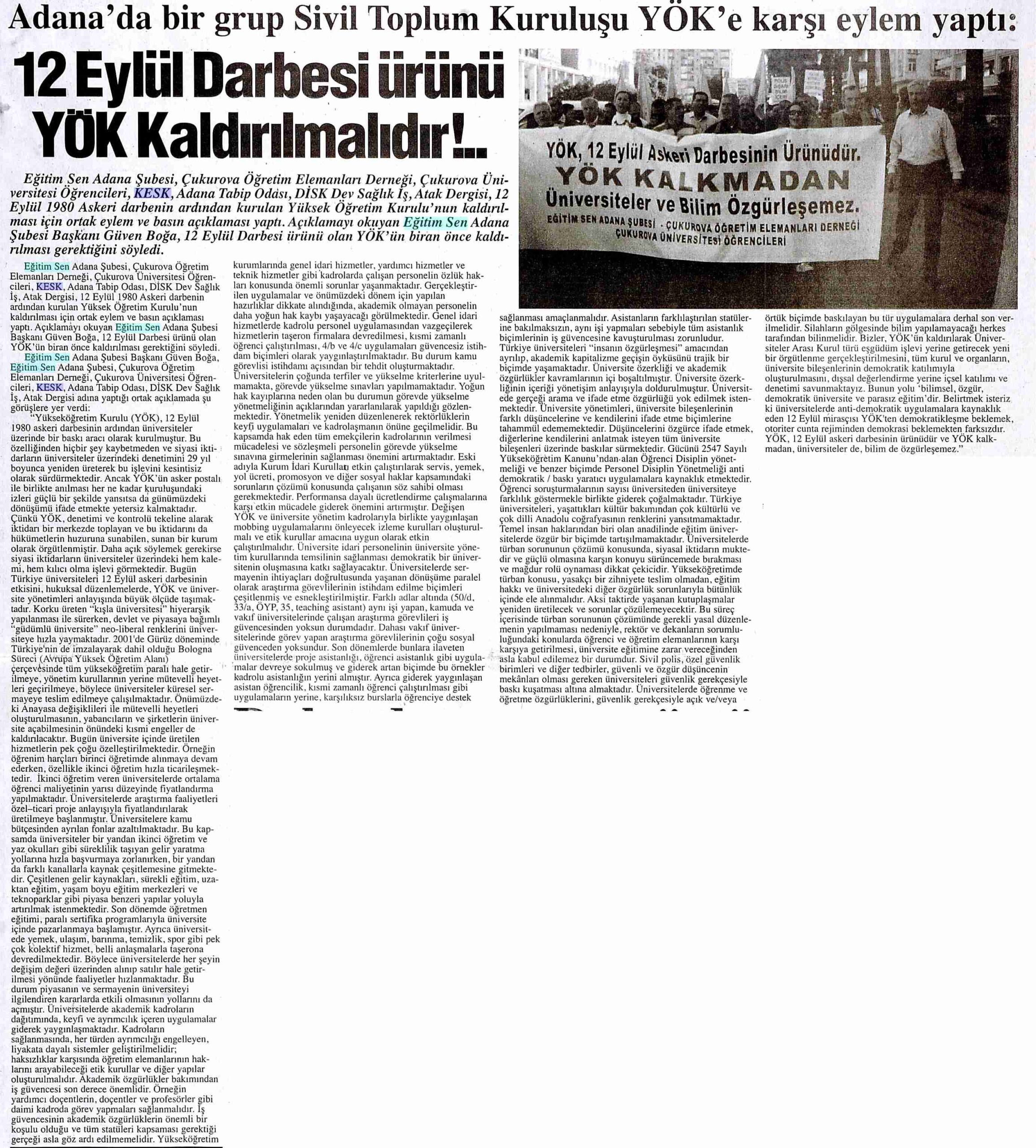 12 Eylül Darbesi Ürünü YÖK Kaldırılmalıdır - Güney Haber Gazetesi