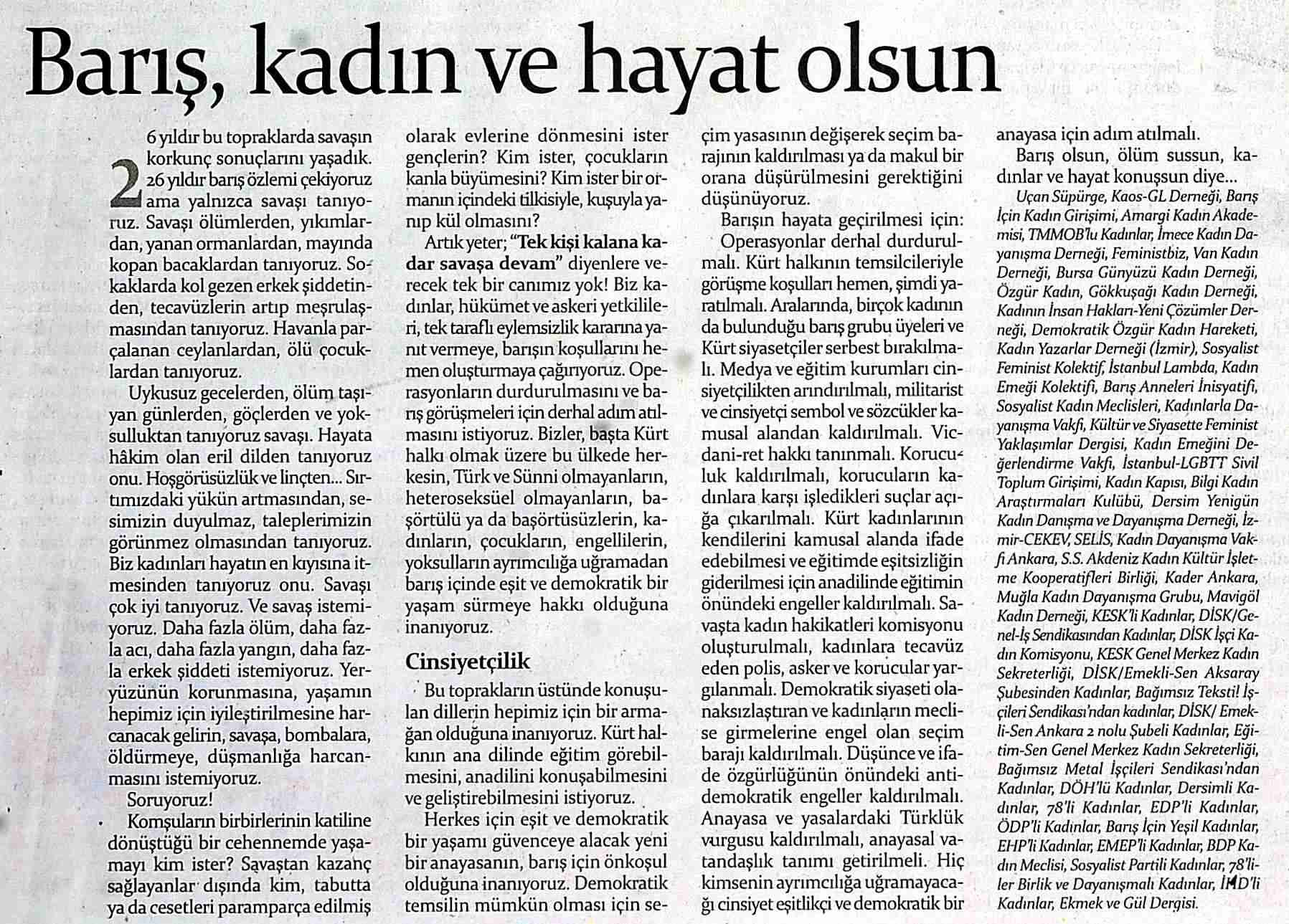Barış, Kadın ve Hayat Olsun - Radikal İki