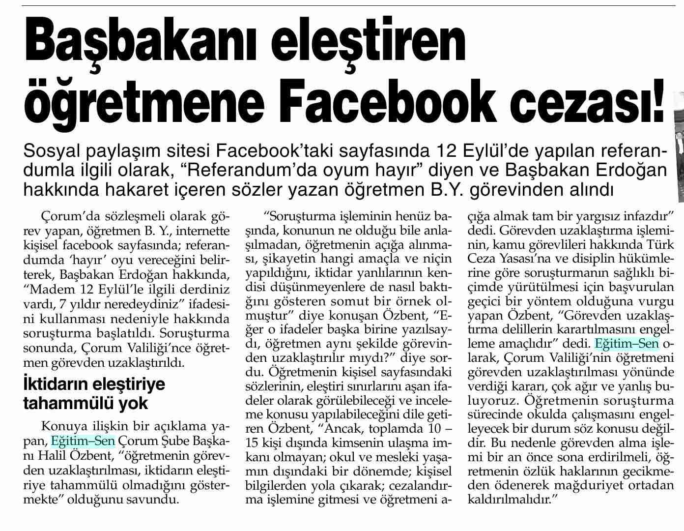 Başbakanı Eleştiren Öğretmene Facebook Cezası - Yeni Mesaj