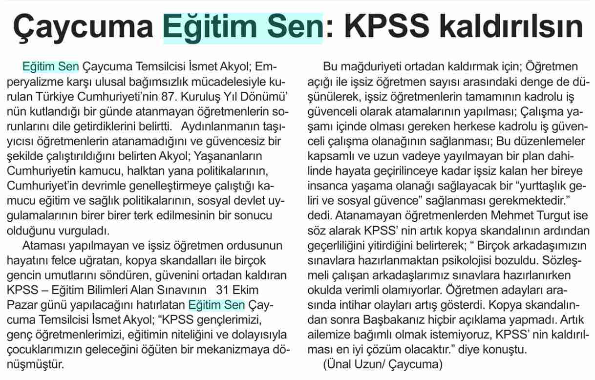 Çaycuma Eğitim Sen KPSS Kaldırılsın - Yeni Adım