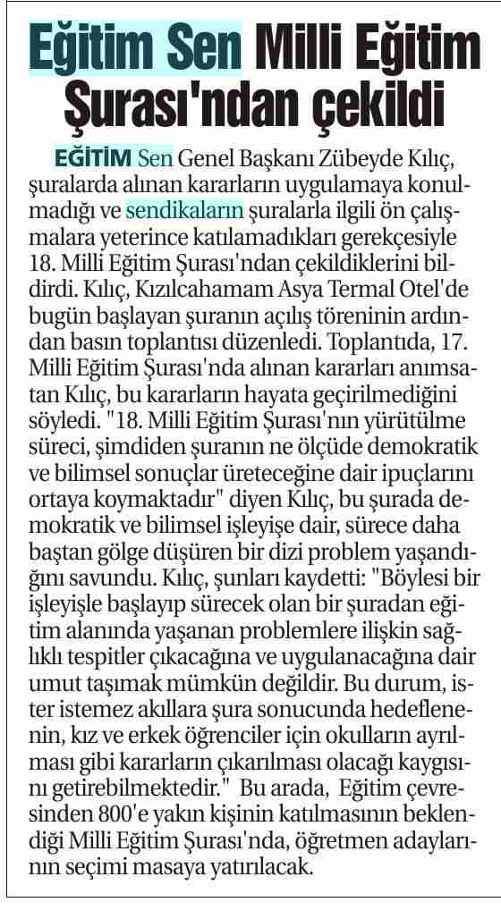 Eğitim Sen Milli Eğitim Şurasından Çekildi - Bursa Hayat