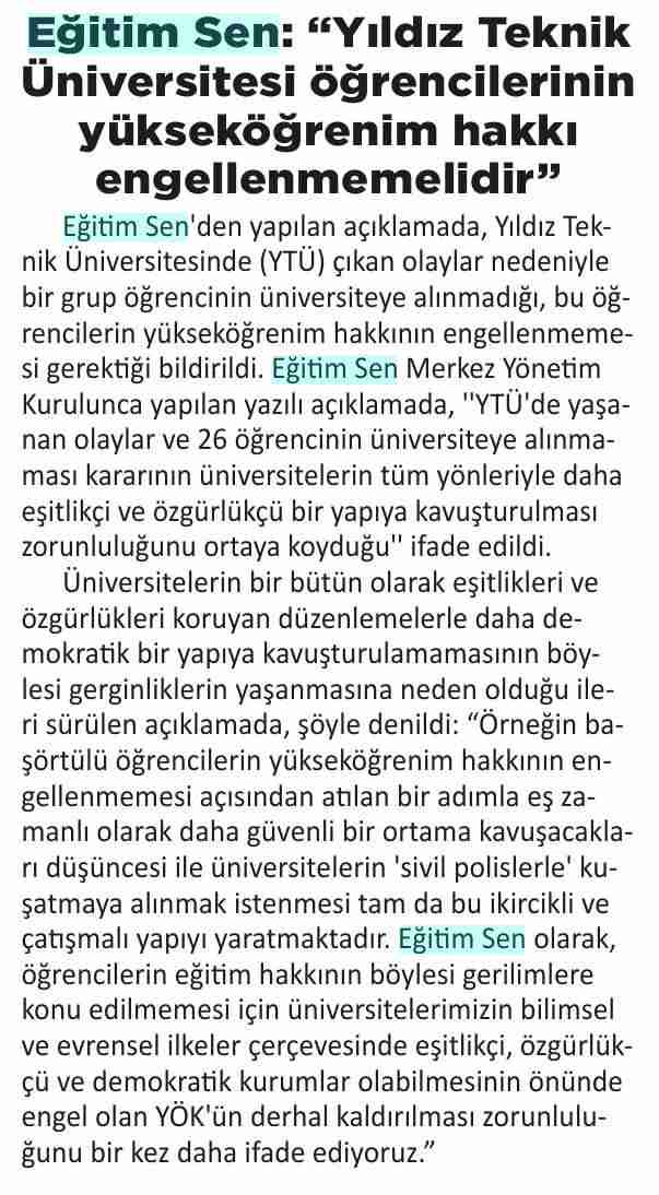 Eğitim Sen YTÜ Öğrencilerinin Yükseköğrenim Hakkı Engellenmemelidir - Kırmızı Beyaz