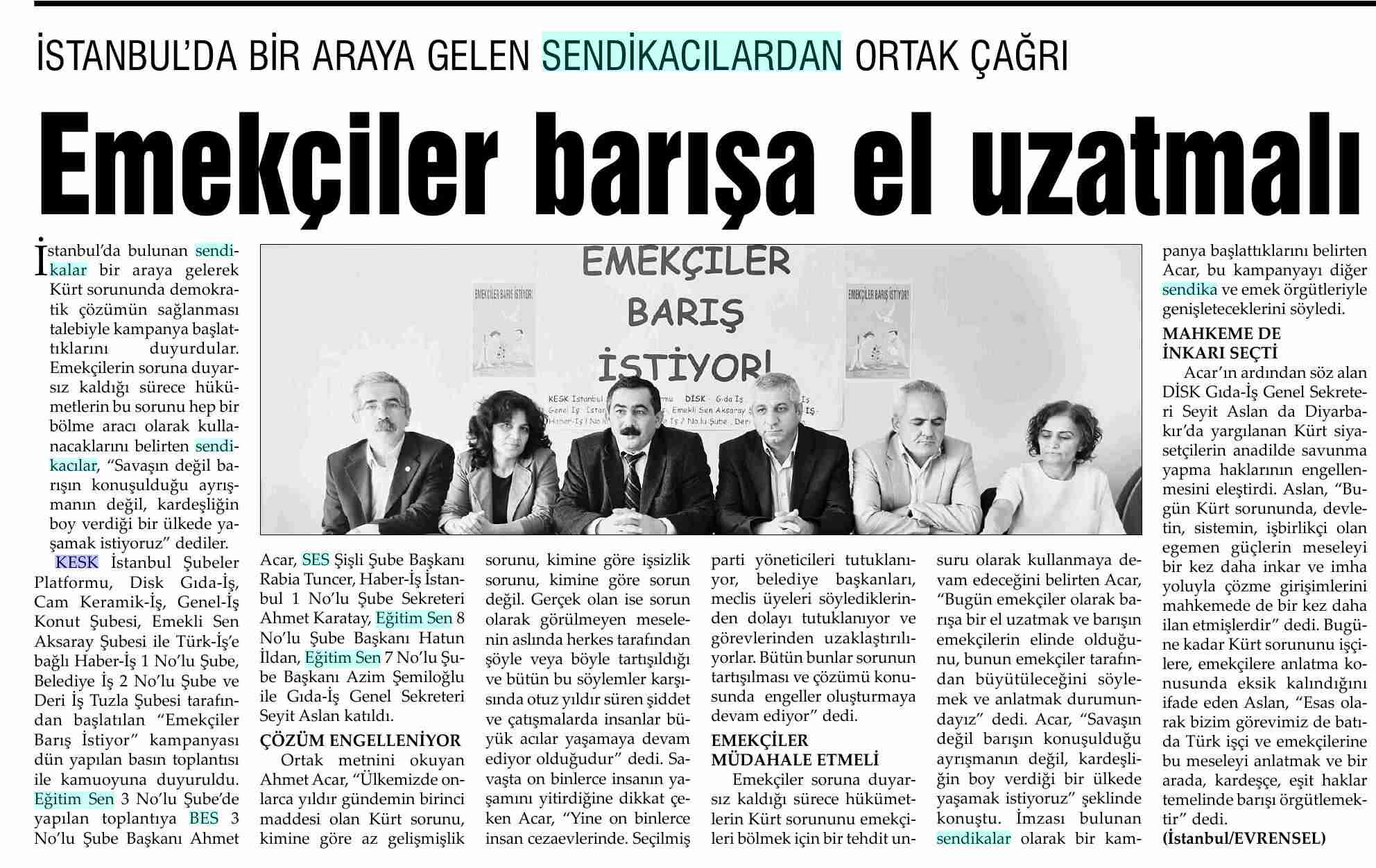 Emekçiler Barışa El Uzatmalı - Evrensel