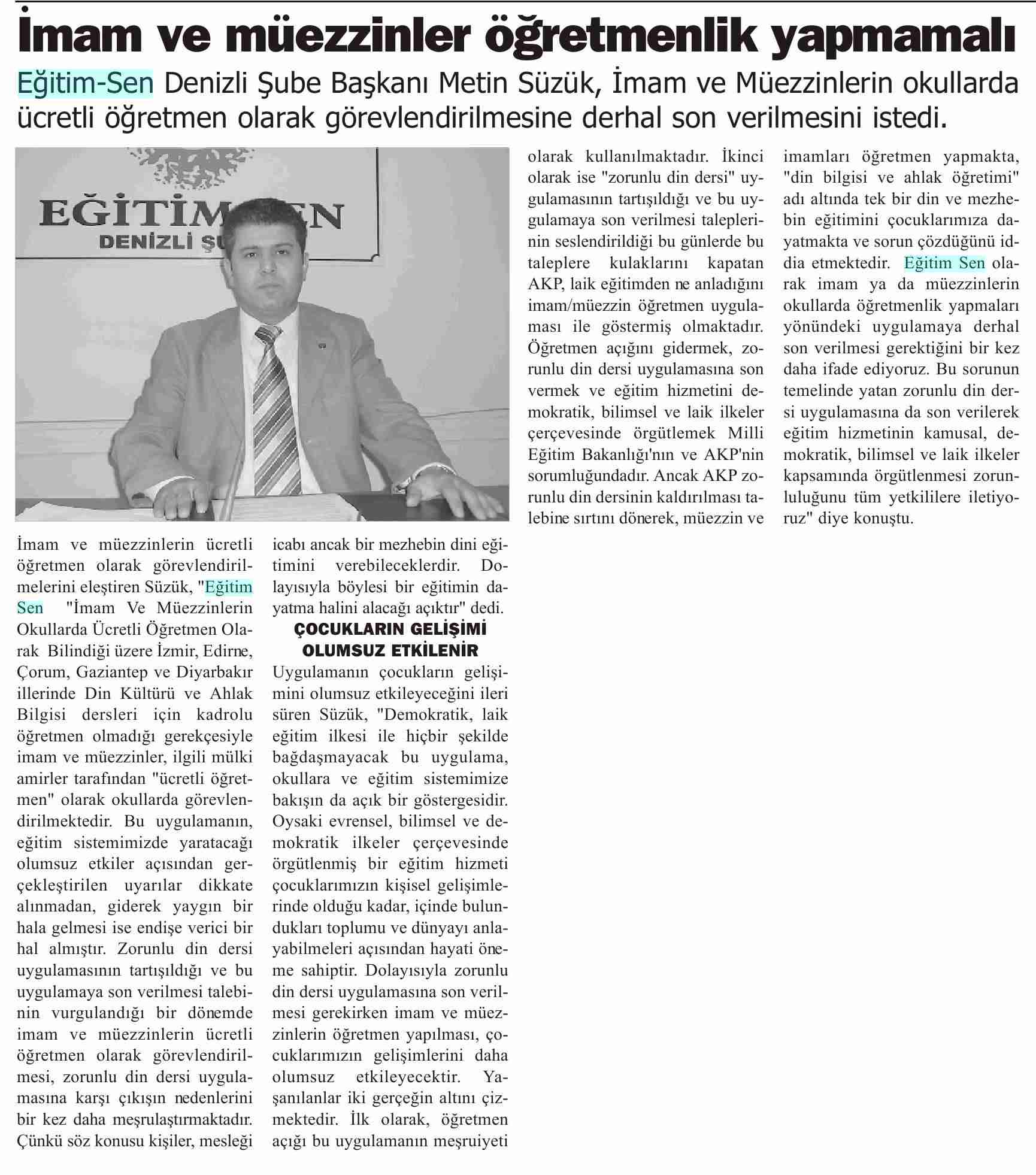 İmam ve Müezzinler Öğretmenlik Yapmamalı - Gündem(denizli)