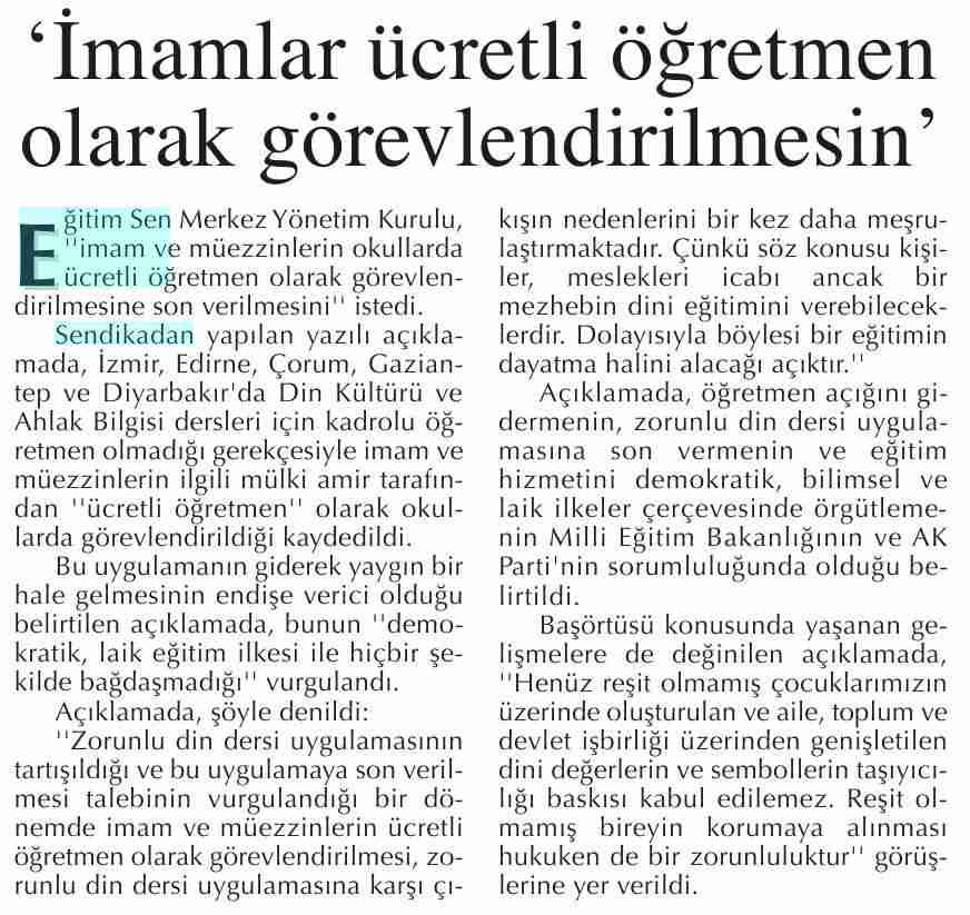 İmamlar Ücretli Öğretmen Olarak Görevlendirilmesin - Başkent