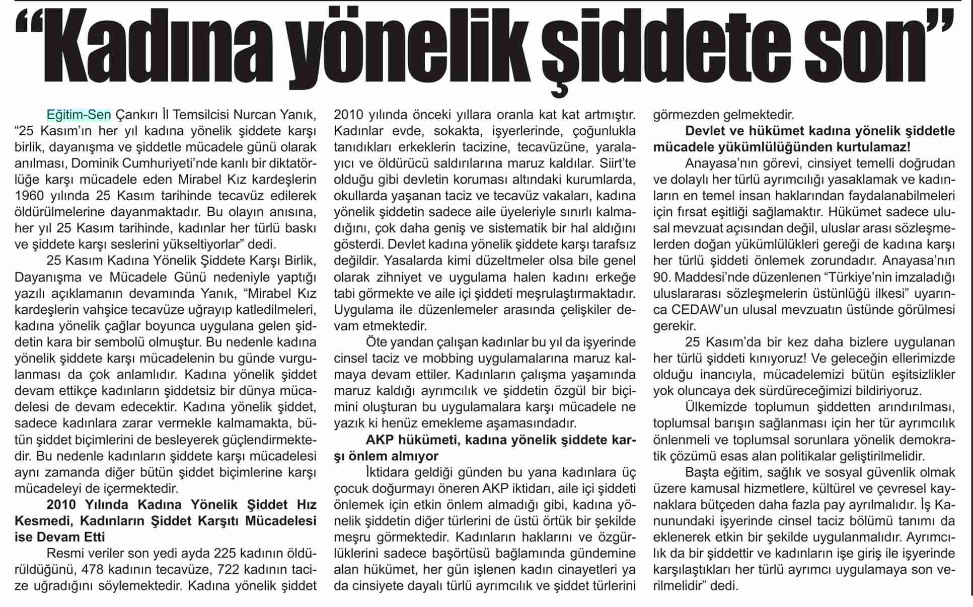 Kadına Yönelik Şiddete Son - Karatekin Gazetesi
