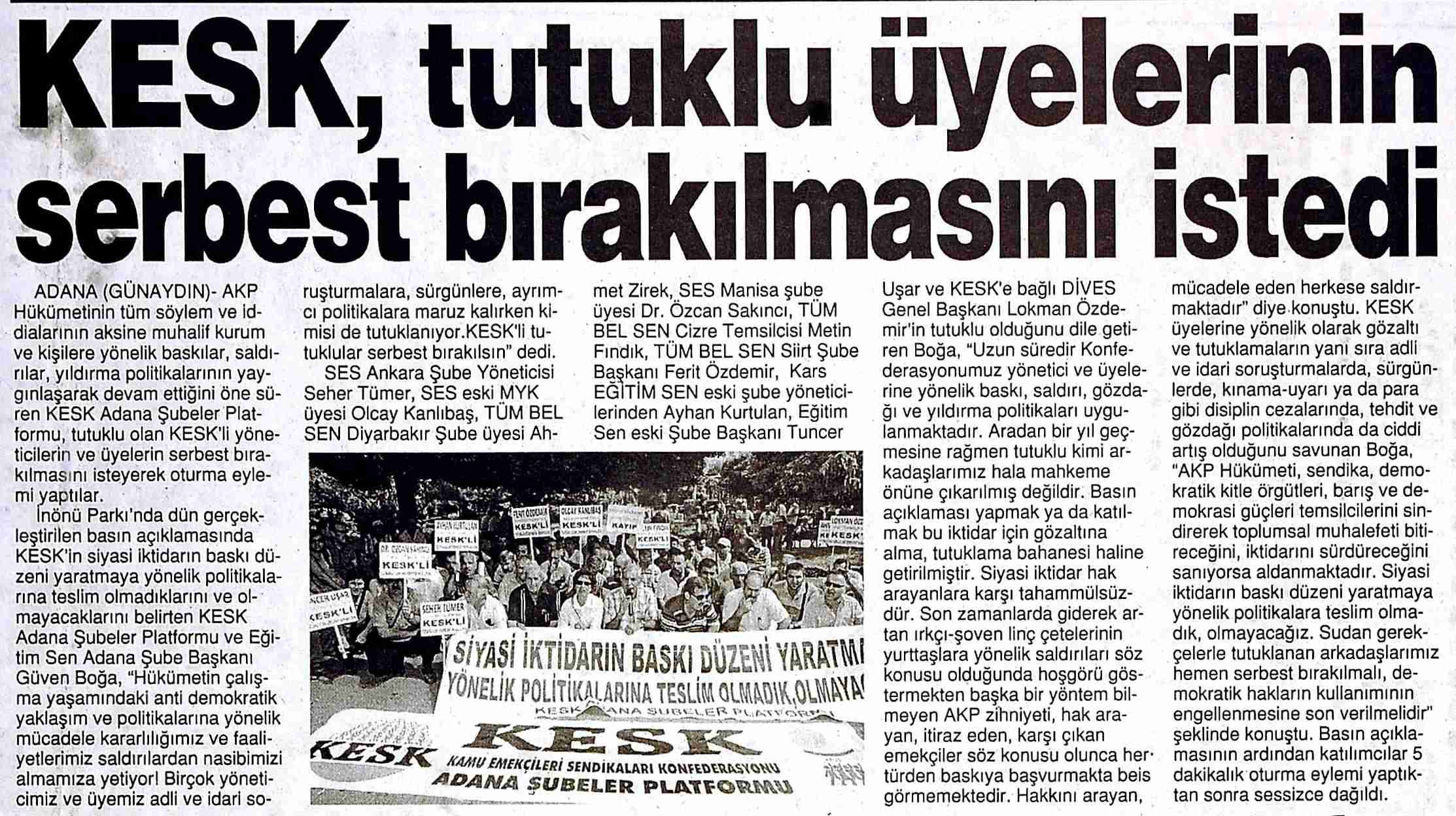 KESK Tutuklu Üyelerinin Serbest Bırakılmasını İstedi - Günaydın