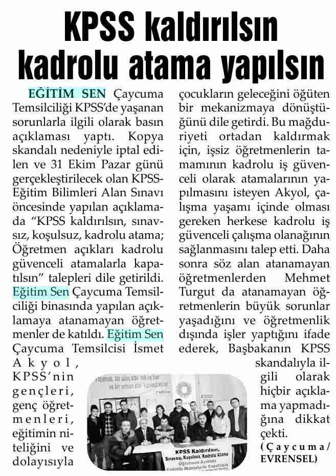 KPSS Kaldırılsın Kadrolu Atama Yapılsın - Evrensel
