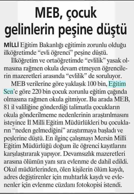 MEB Çocuk Gelinlerin Peşine Düştü - Akşam