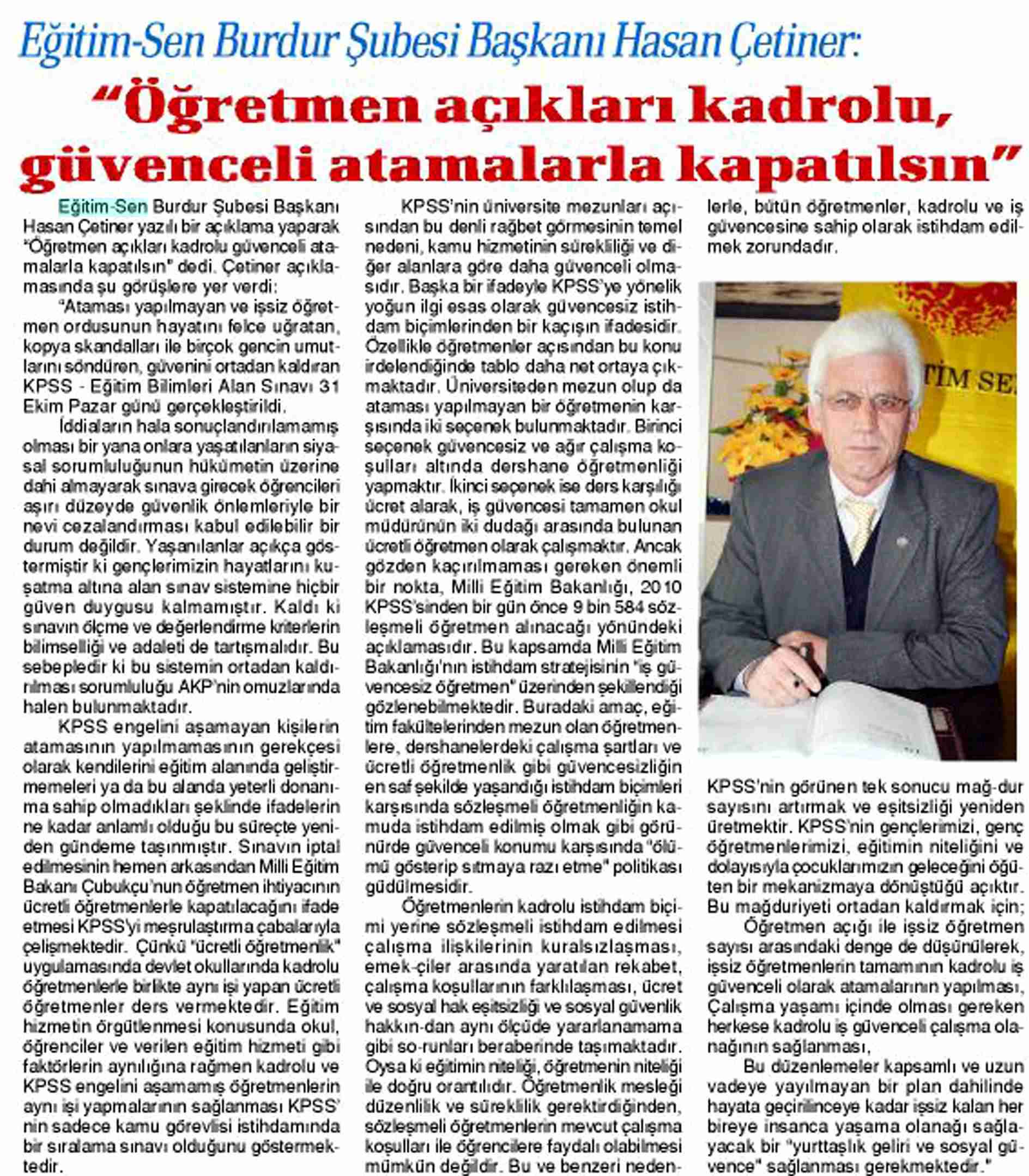 Öğretmen Açıkları Kadrolu Güvenceli Atamalarla Kapatılsın - Burdur Yenigün Gazetesi