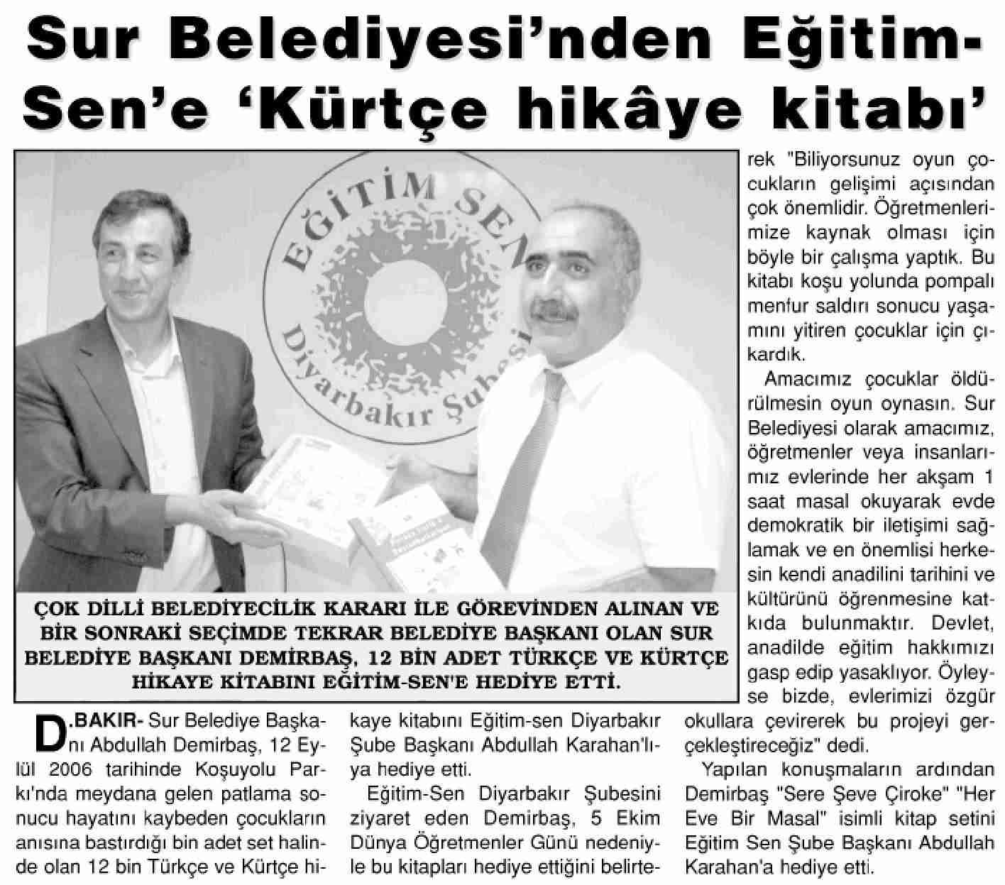 Sur Belediyesi'nden Eğitim Sen'e Kürtçe Hikaye Kitabı - Yeni Yurt