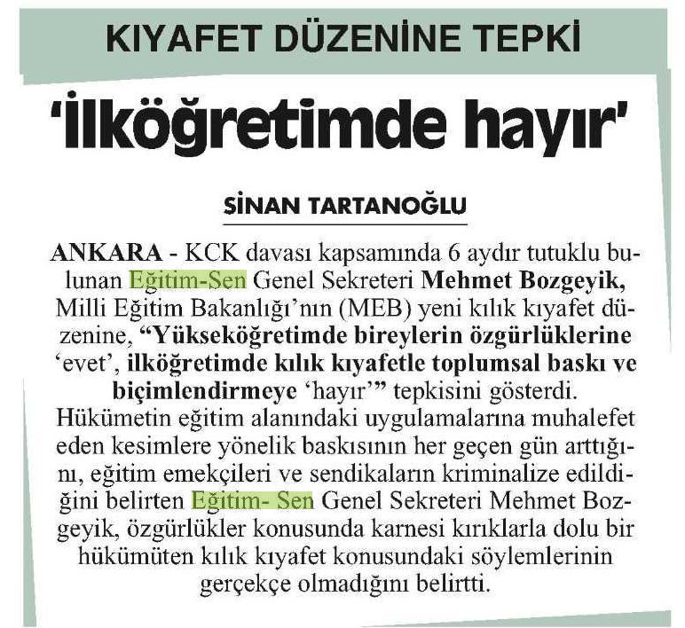 'İlköğretimde Hayır' - Cumhuriyet