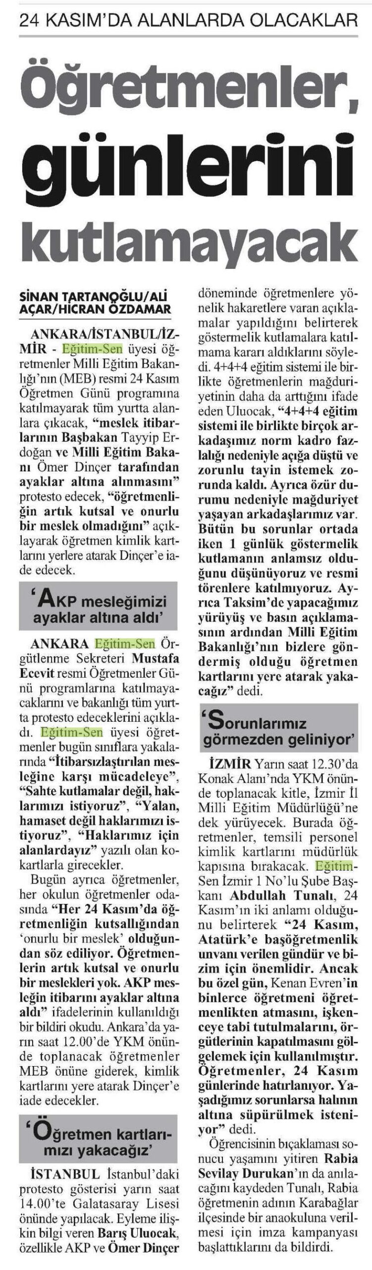 Öğretmenler, Günlerini Kutlamayacak - Cumhuriyet