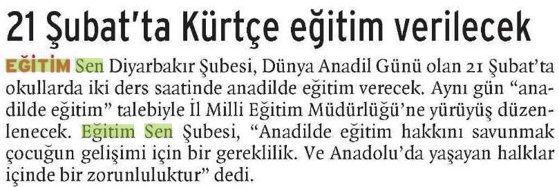 21 Şubat'ta Kürtçe Eğitim Verilecek - Birgün