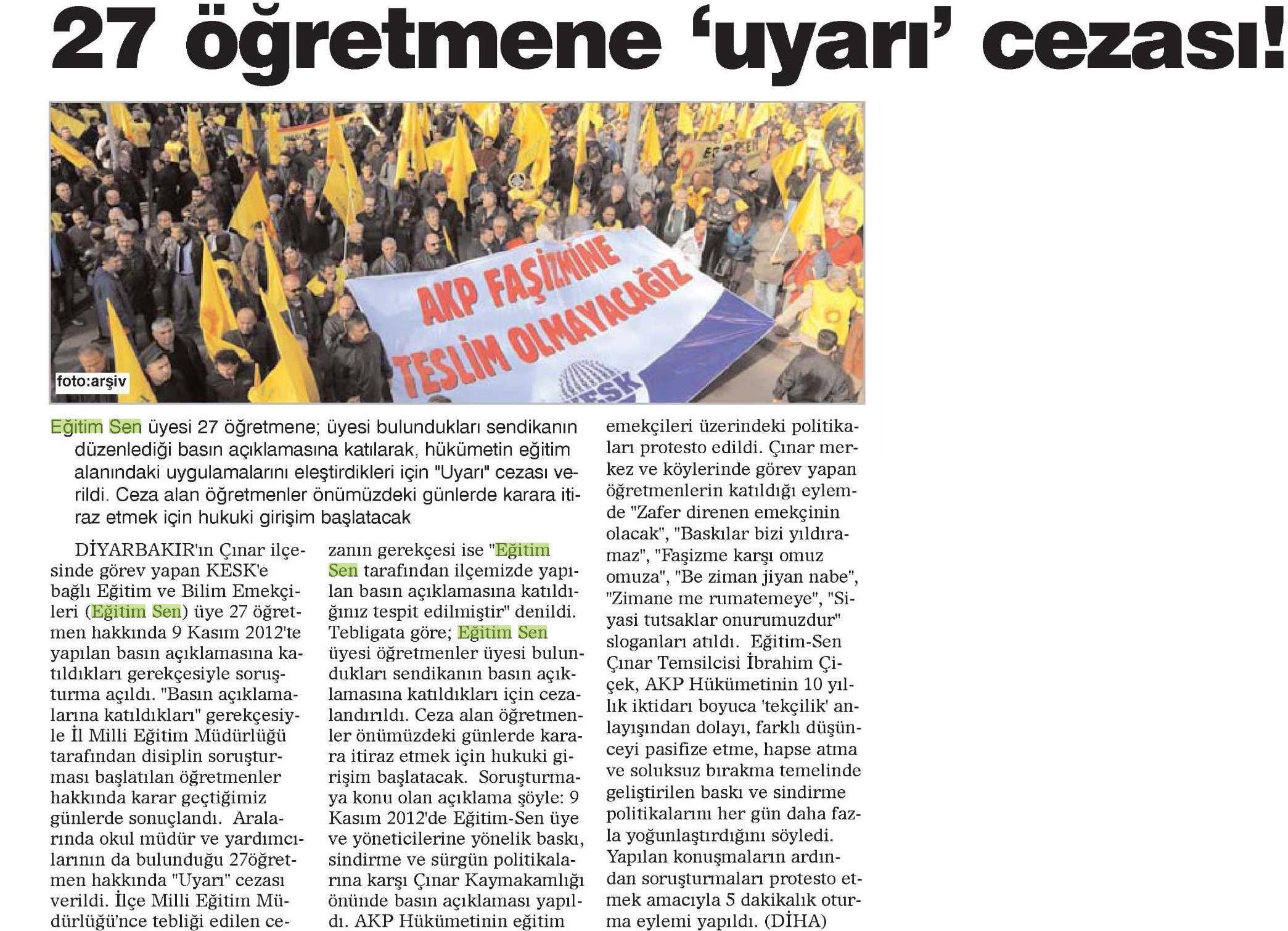 27 Öğretmene 'Uyarı' Cezası - Yenigün Diyarbakır