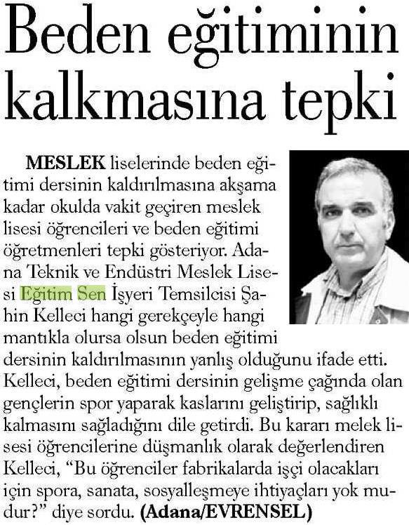 Beden Eğitiminin Kalkmasına Tepki - Evrensel