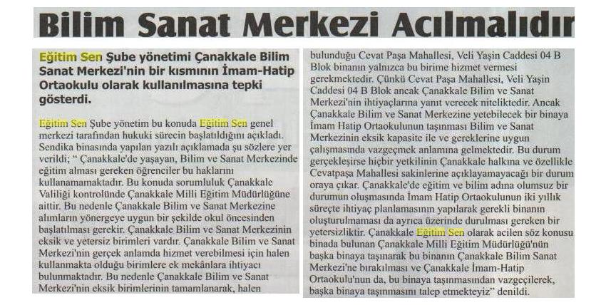 Bilim Sanat Merkezi Açılmalıdır - Çanakkale Objektif