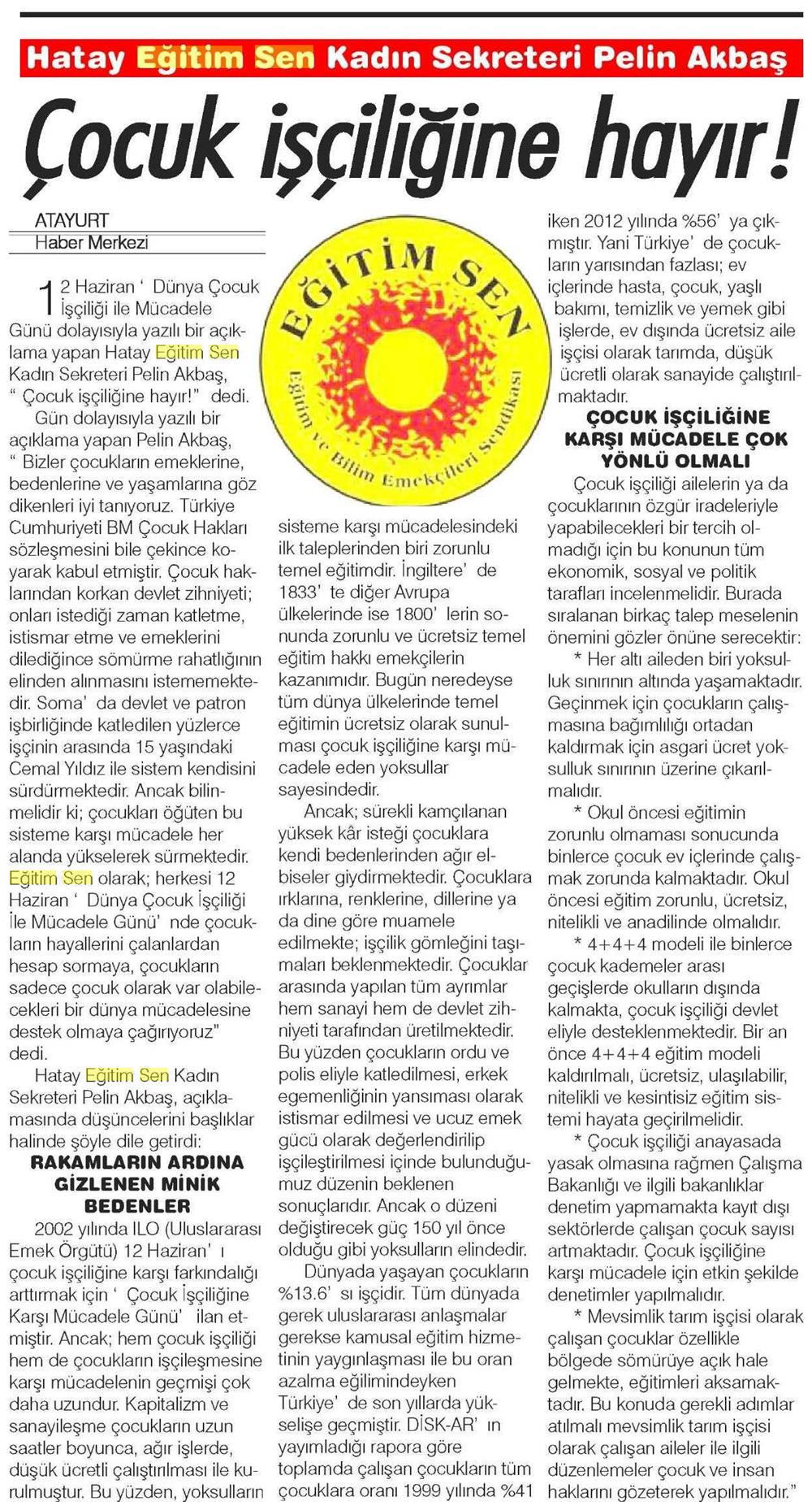 Çocuk İşçiliğine Hayır! - Atayurt Gazetesi