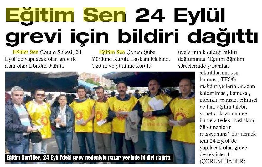Eğitim Sen 24 Eylül Grevi İçin Bildiri Dağıttı - Çorum Haber