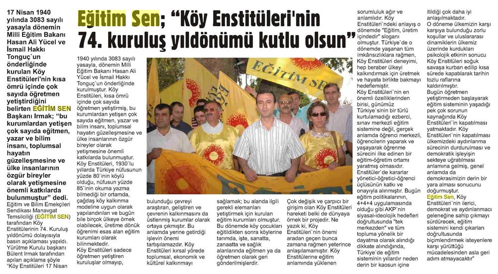 Eğitim Sen: 'Köy Enstitüleri'nin 74. Kuruluş Yıldönümü Kutlu Olsun - Manavgat Nehir