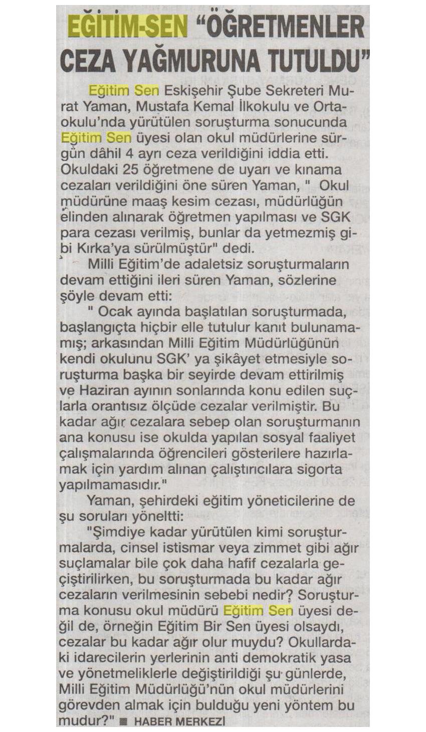 Eğitim Sen: Öğretmenler Ceza Yağmuruna Tutuldu - İstikbal (Eskişehir)