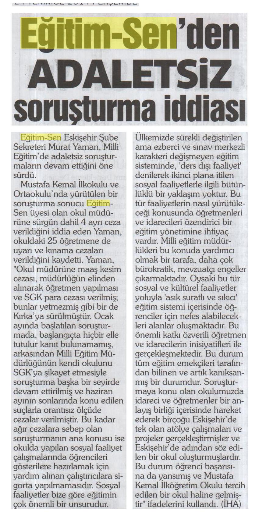 Eğitim Sen'den Adaletsiz Soruşturma İddiası - Yenigün (Eskişehir)