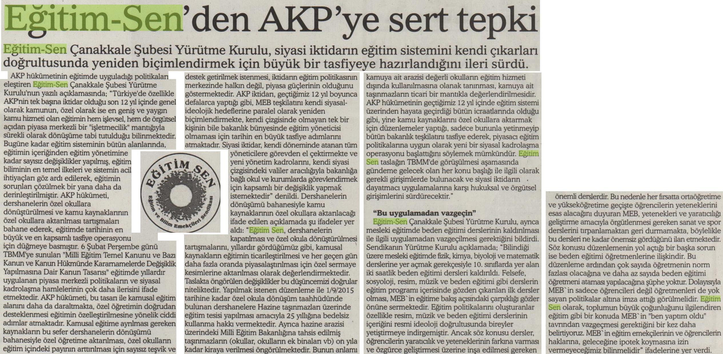 Eğitim Sen'den AKP'ye Tepki - Çanakkale Olay