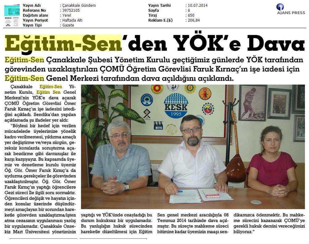 Eğitim Sen'den YÖK'e Dava - Çanakkale Gündem