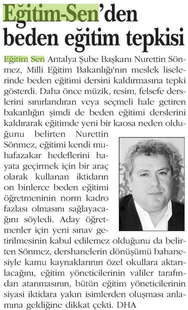Eğitim Sen'den Beden Eğitimi Tepkisi - Antalya Gündem