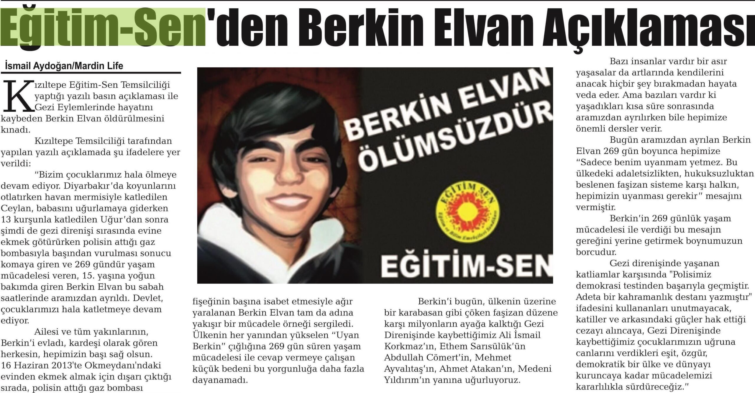 Eğitim Sen'den Berkin Elvan Açıklaması - Mardin Sesi