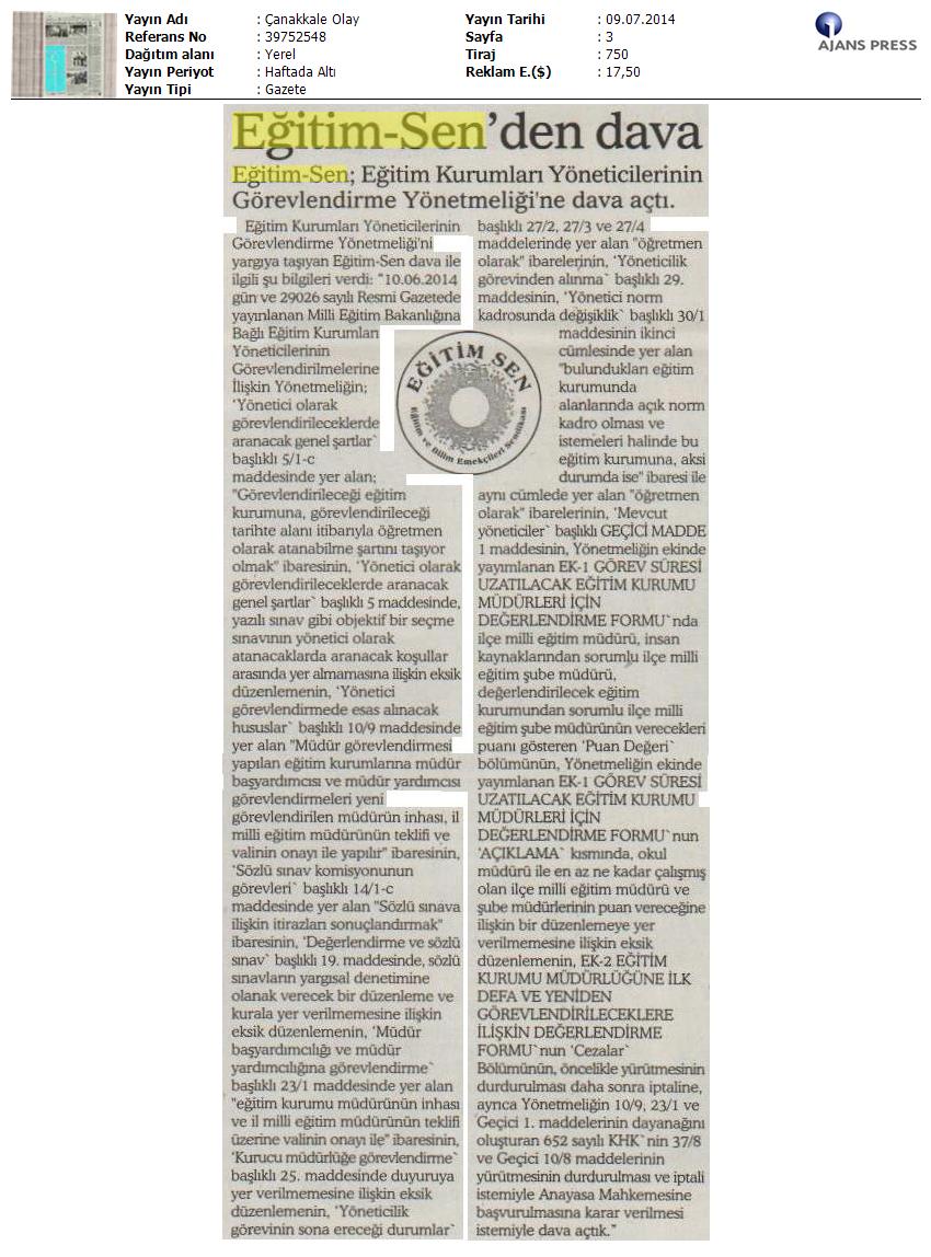 Eğitim Sen'den Dava - Çanakkale Olay