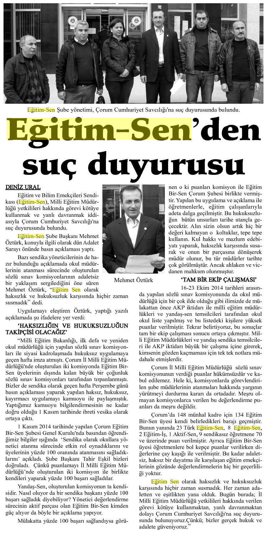 Eğitim Sen'den Suç Duyurusu - Çorum Hakimiyet