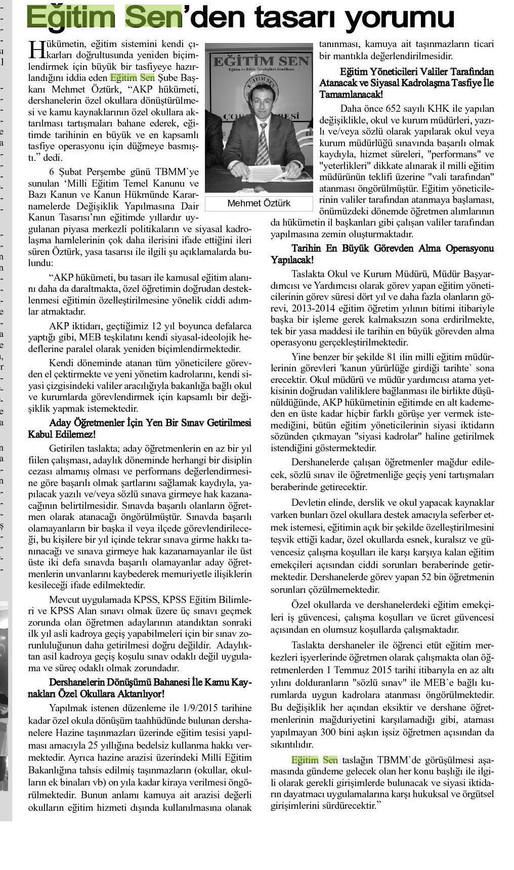 Eğitim Sen'den Tasarı Yorumu - Çorum Hakimiyet