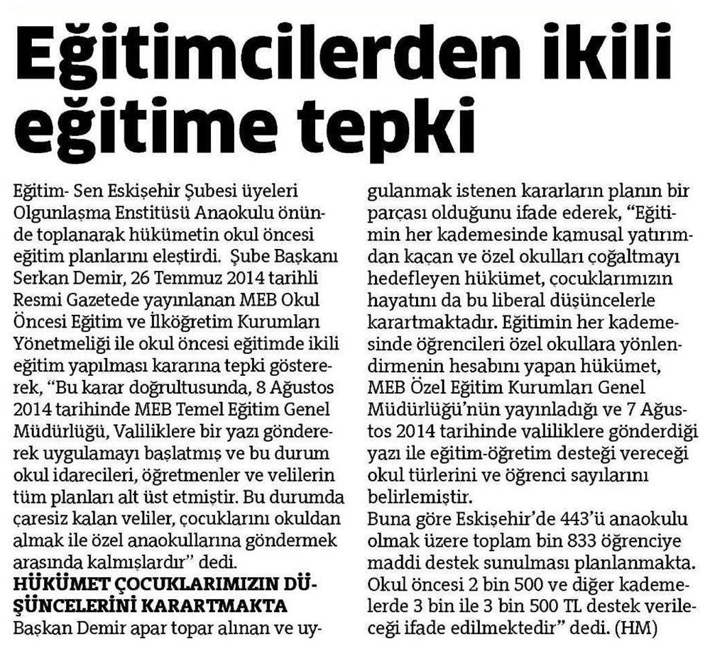 Eğitimcilerden İkili Eğitime Tepki - Eskişehir Anadolu