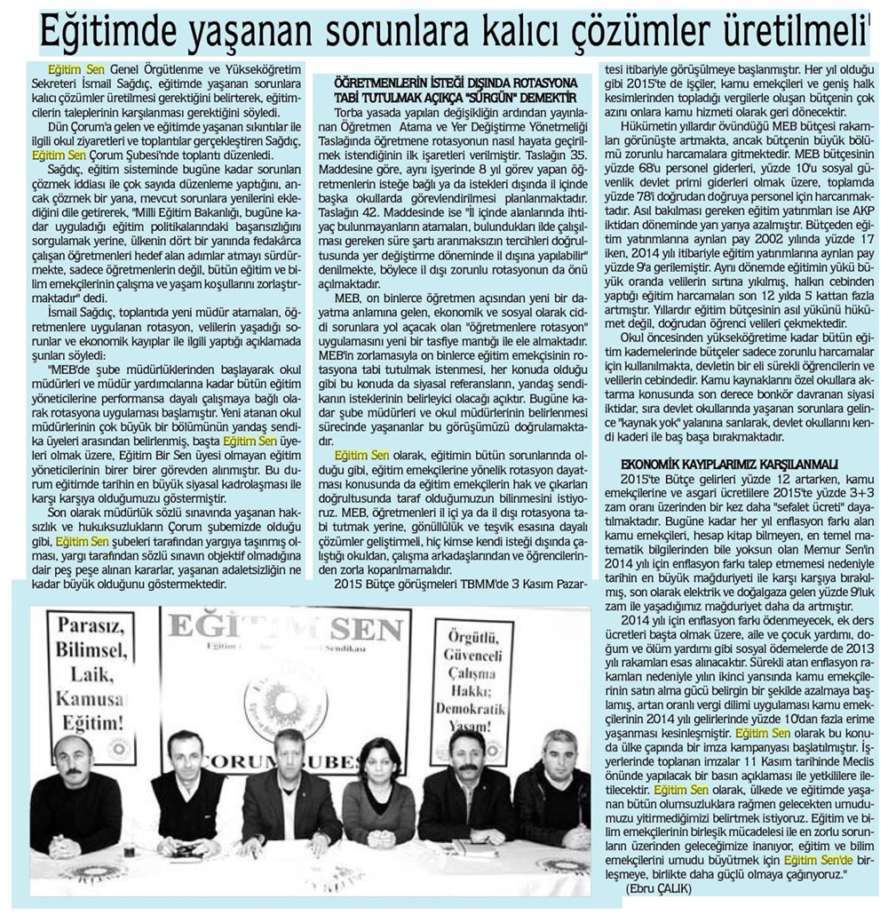 Eğitimde Yaşanan Sorunlara Kalıcı Çözümler Üretilmeli - Kent Haber Çorum