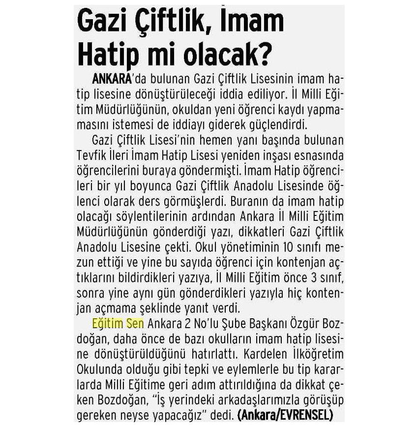 Gazi Çiftlik, İmam Hatip Mi Olacak? - Evrensel
