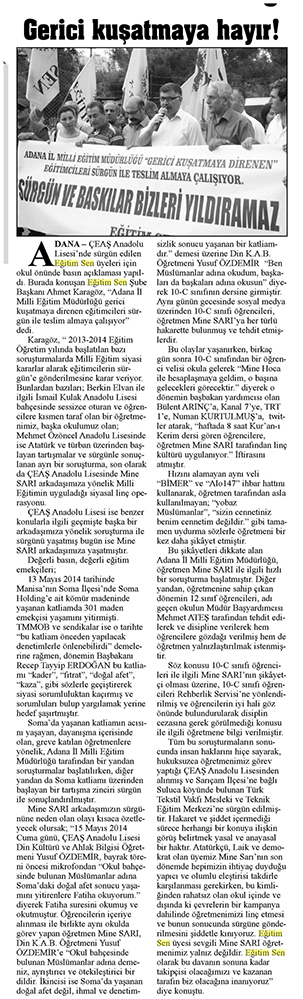 Gerici Kuşatmaya Hayır - Adana Ekspres Gazetesi