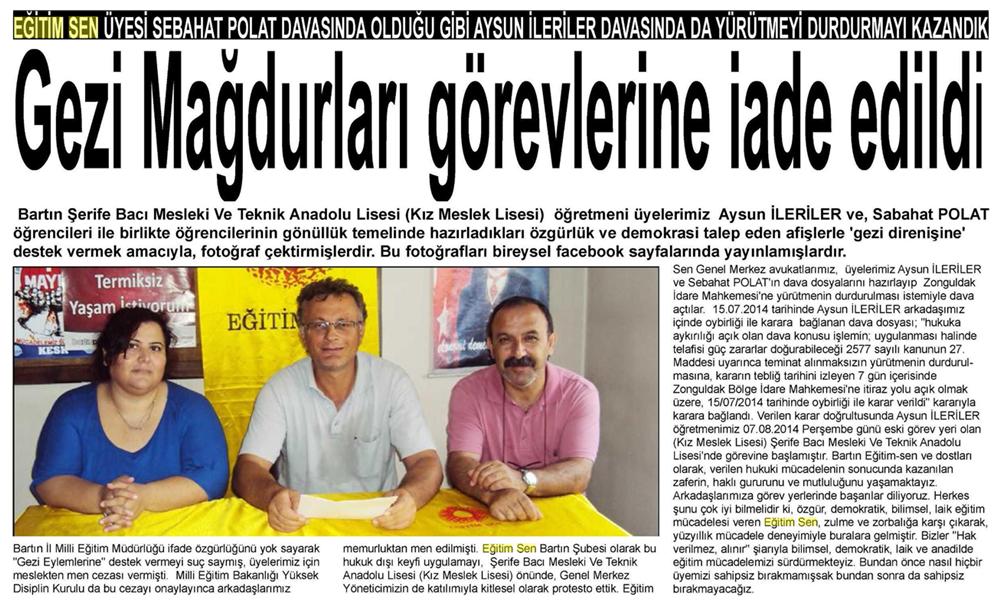 Gezi Mağdurları Görevlerine İade Edildi - Bartın Hergün