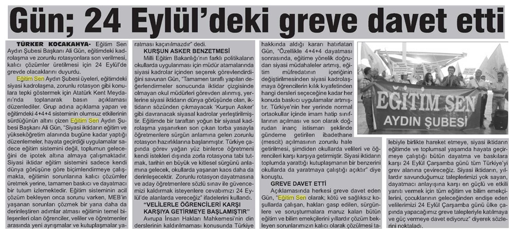 Gün, 24 Eylül'deki Greve Davet Etti - Aydın Hedef