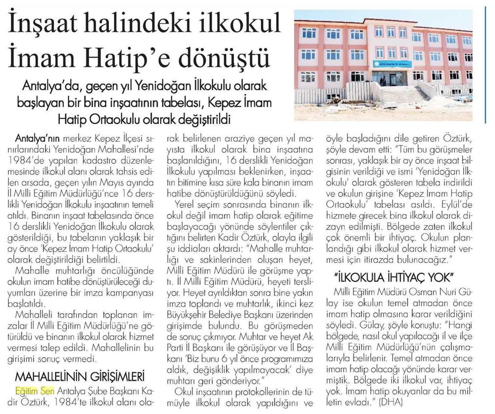 İnşaat Halindeki Okul İmam Hatip'e Dönüştü - Bizim Gazete
