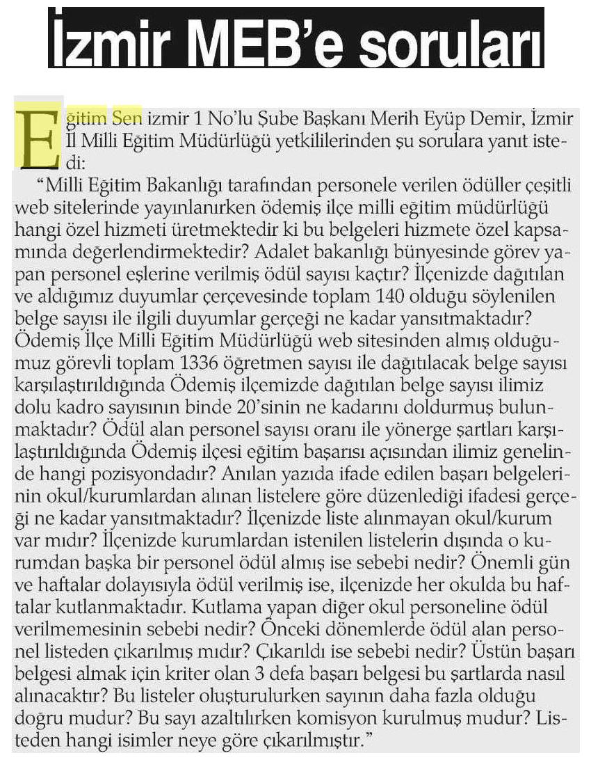 İzmir MEB'e Soruları - Haber Ekspres