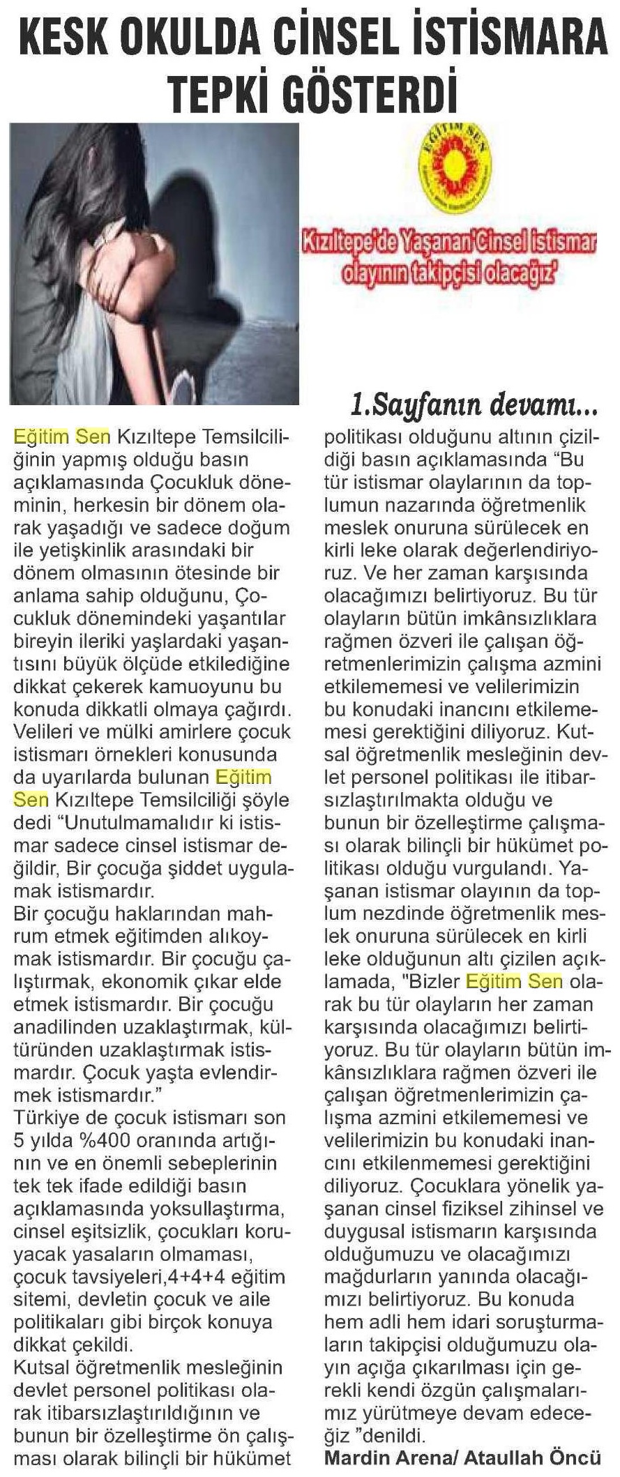 KESK Okulda Cinsel İstismara Tepki Gösterdi - Mardin Arena