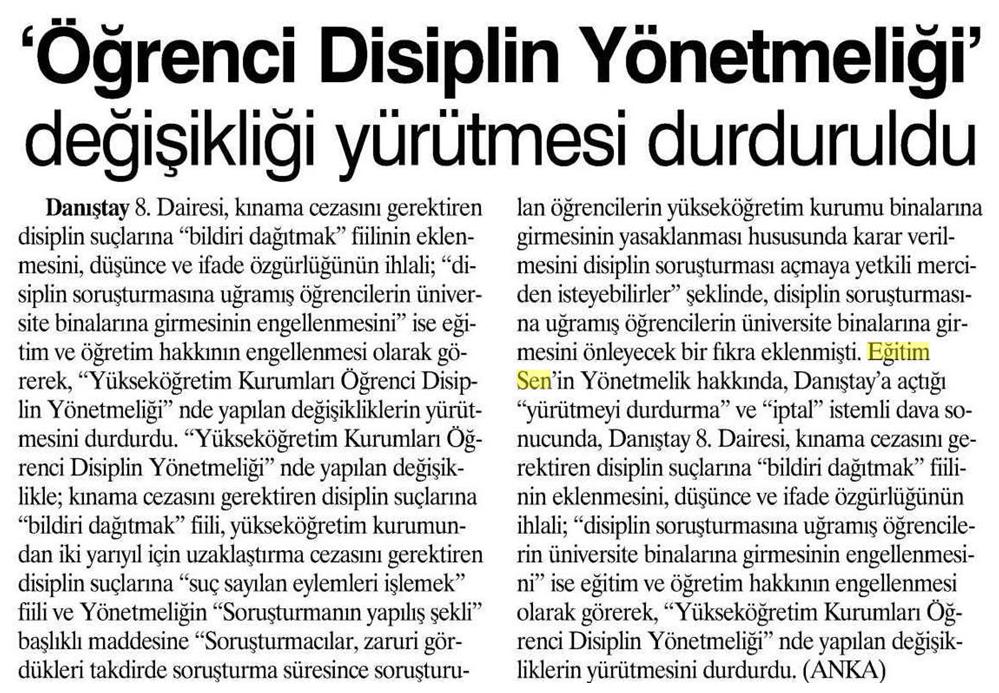 Öğrenci Disiplin Yönetmeliği Değişikliği Yürütmesi Durduruldu - Dokuz Sütun