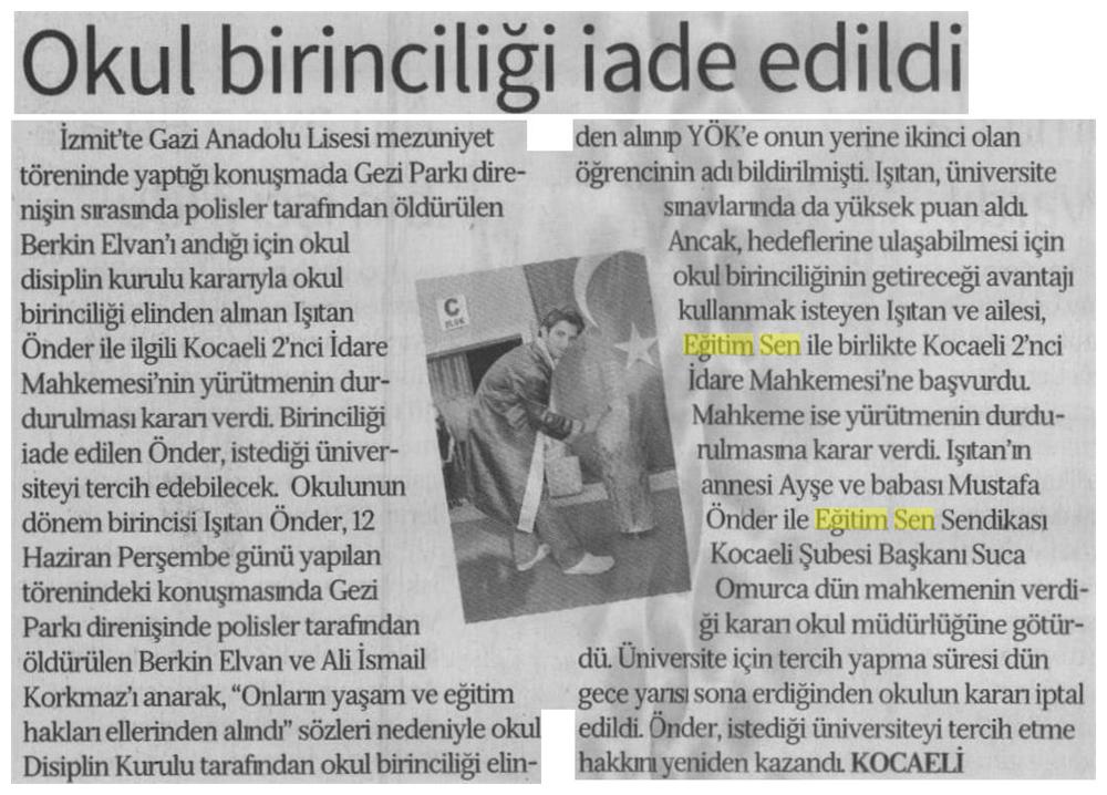 Okul Birinciliği İade Edildi - Özgür Gündem