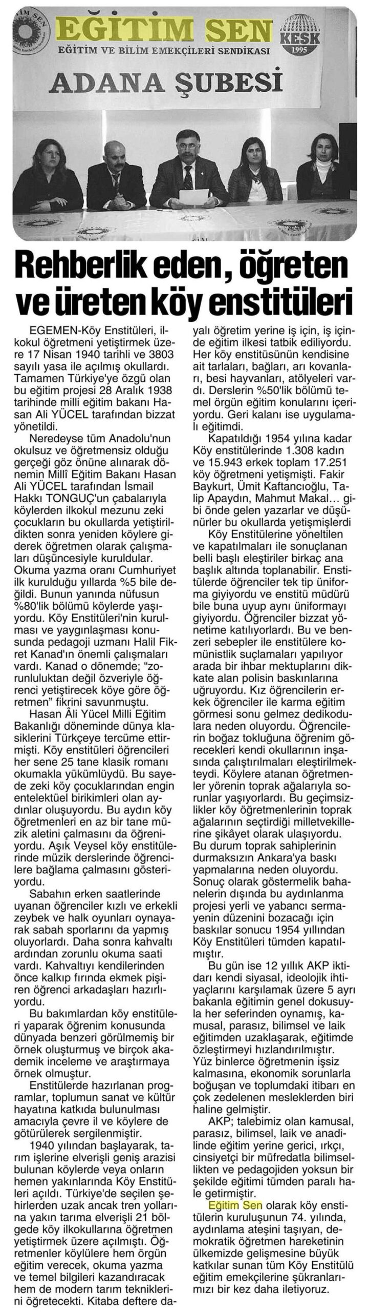 Rehberlik Eden, Öğreten ve Üreten Köy Enstitüleri - Egemen Gazetesi