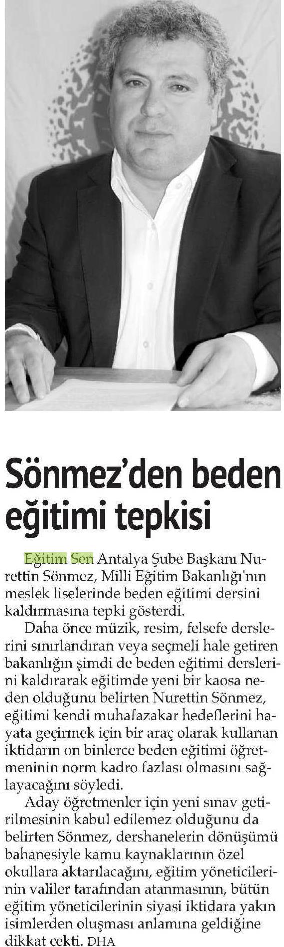 Sönmez'den Beden Eğitimi Tepkisi - Hürses Gazetesi (Antalya)