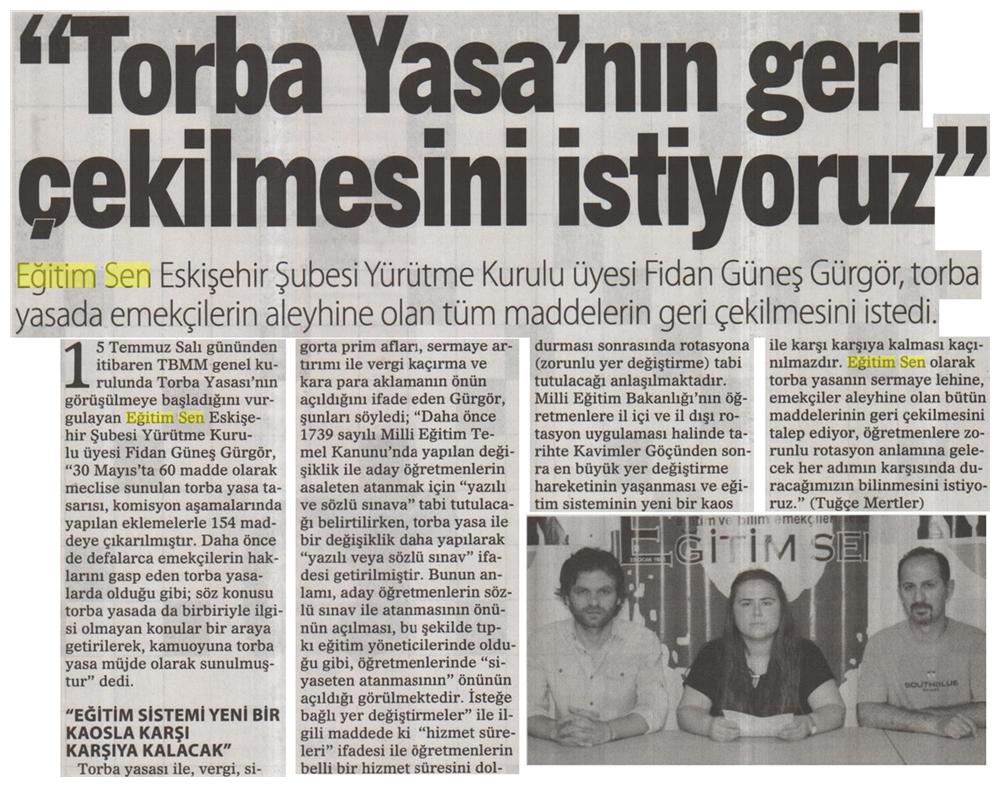 Torba Yasanın Geri Çekilmesini İstiyoruz - Eskişehir Sonhaber