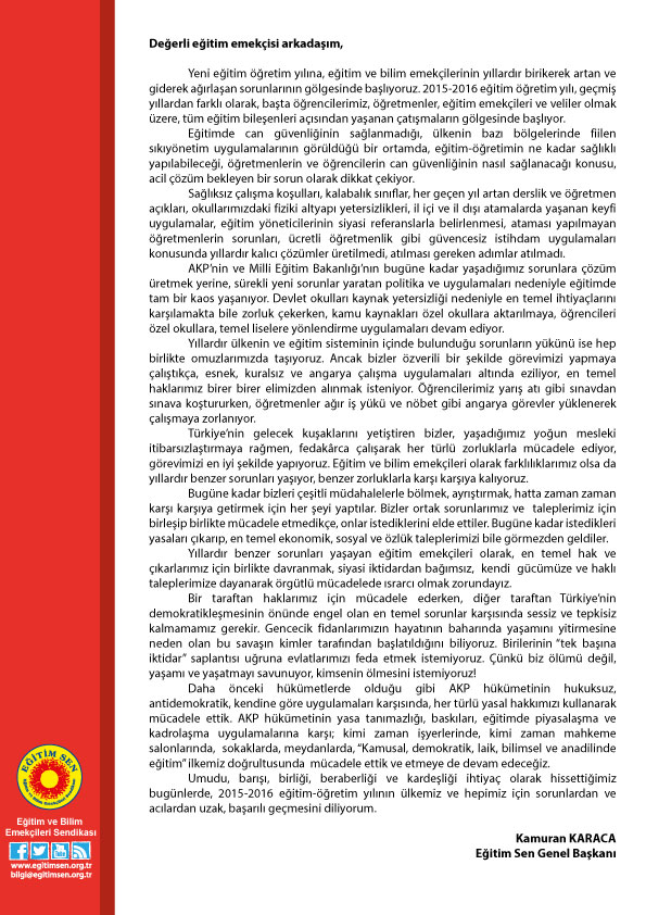 2015-2016 Eğitim Öğretim Yılı İçin Başkanımızdan Mektup Var!